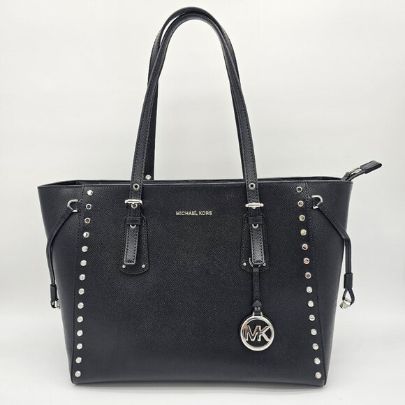 Michael Kors Voyager Medium Crossgrain Leather Tote, Black - Picture 1 of 16